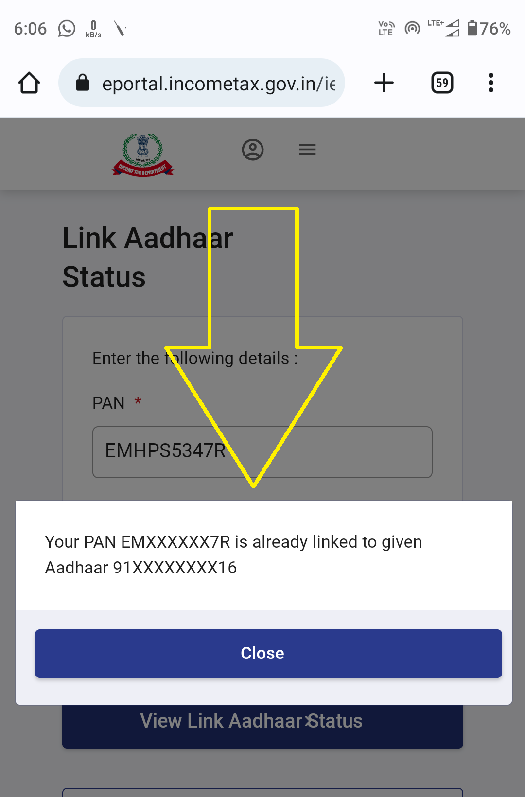PAN Aadhar link status
